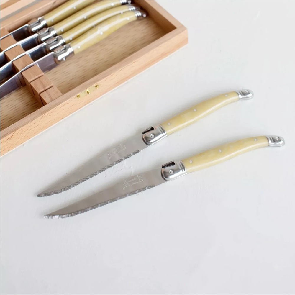 Jean Neron Laguiole 6 piece Steak Table Knife Set + wood gift box - Light Horn
